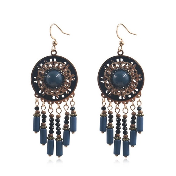 *EMERSYN* Gold x Blue Retro Round Shaped Fashion Tassel Earrings - Picture 2 of 4
